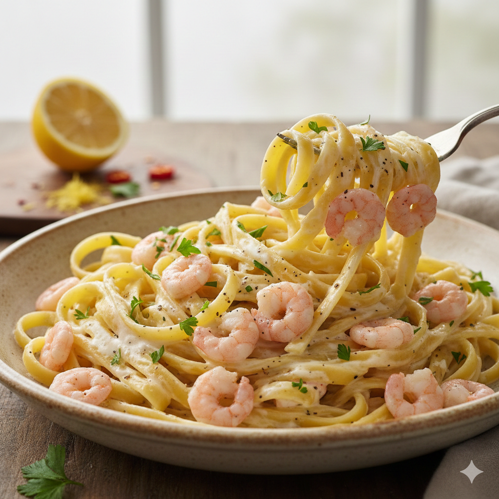 Tagliatelle z Krewetkami Baby w Sosie Śmietanowym